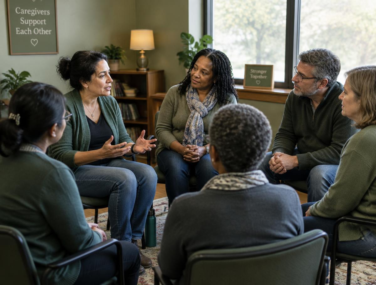Family caregivers talking together in a support group (illustrative photo)
