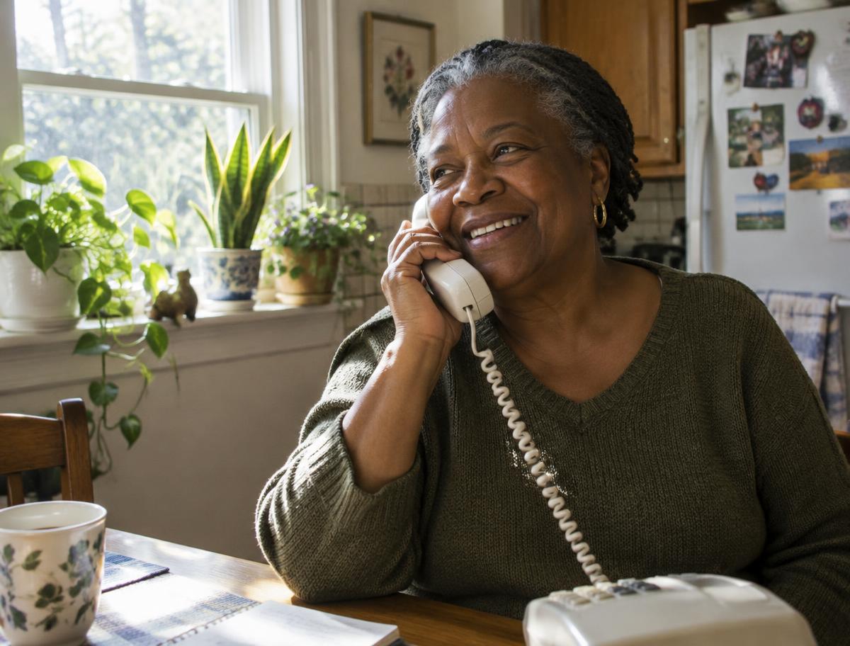 An older woman smiling on a phone call at home (illustrative photo)