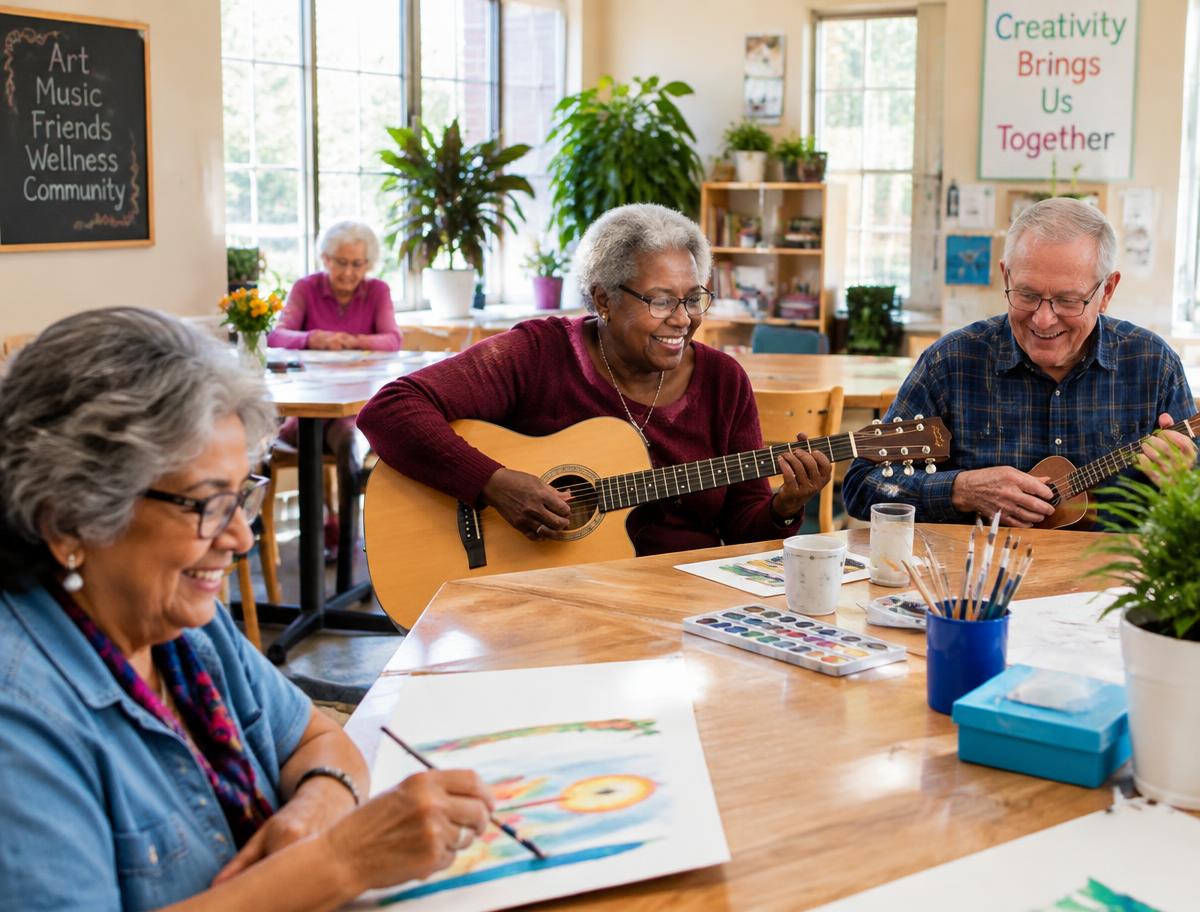 Older adults enjoying music and painting at a day program (illustrative photo)