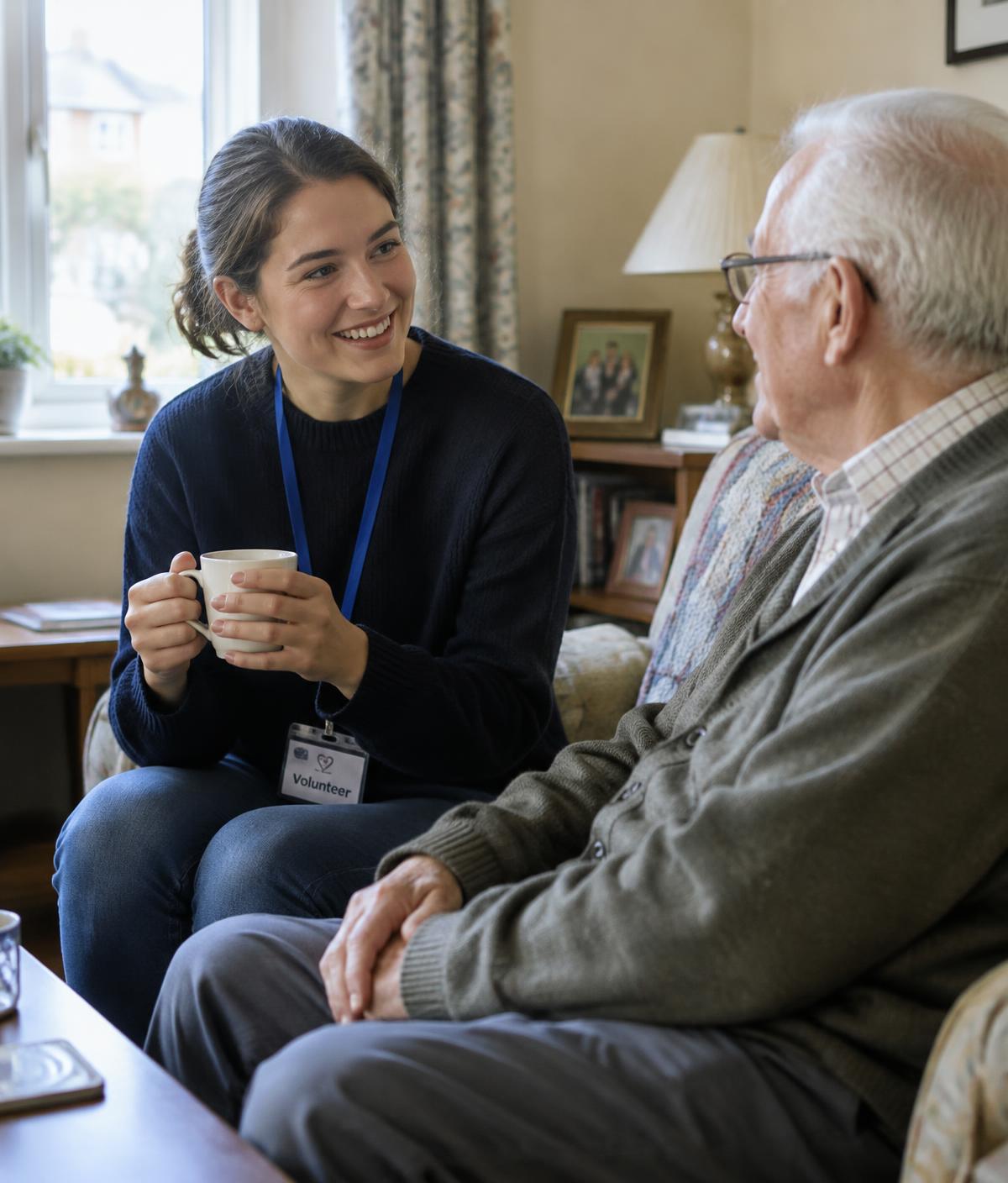 A volunteer chatting with an older man at home (illustrative photo)